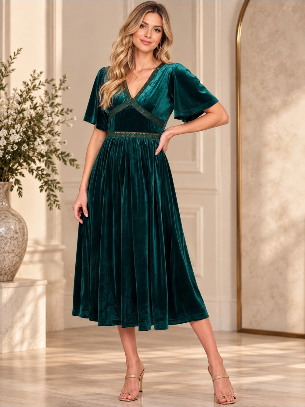 Green Velvet V Neck Lace Midi Dress - Picture 4 of 11